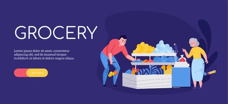 Supermarket and customers poster with grocery department symbols flat vector illustrationのイラスト素材