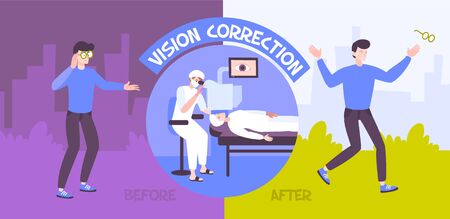 Ophthalmology clinic concept flat background with doodle style human characters giving up glasses after vision correction vector illustrationのイラスト素材