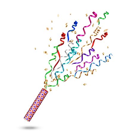Exploding party popper realistic composition with isolated image of pop gun with serpentine on blank background vector illustrationのイラスト素材
