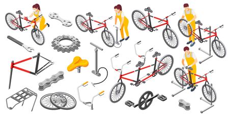 Bicycle repair male female mechanics service isometric set with tandem bike pump saddle wheels frame vector illustration のイラスト素材