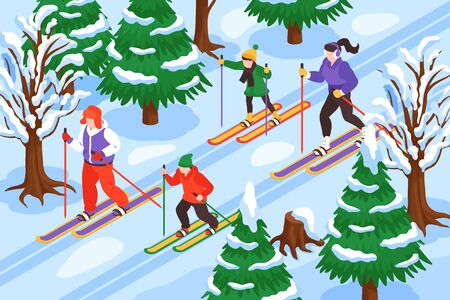 Isometric winter holiday skiing composition with forest landscape and group of teenage characters running on ski vector illustrationのイラスト素材