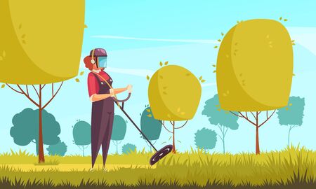 Gardener in autumn background with trees and lawn trimming flat vector illustrationのイラスト素材
