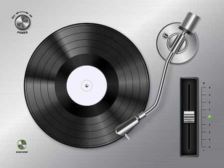Vinyl record disc playing on turntable player closeup top view realistic black white retroのイラスト素材