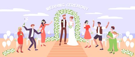 Wedding ceremony on sea beach with just married couple under wedding arc decorated with flowers vector illustrationのイラスト素材