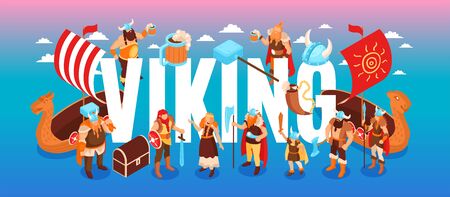 Isometric viking text composition with clouds and characters of ancient warriors and their families on gradient background vector illustrationのイラスト素材