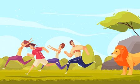 Colorful cartoon background with stressed adult people running away from lion at nature background vector illustrationのイラスト素材