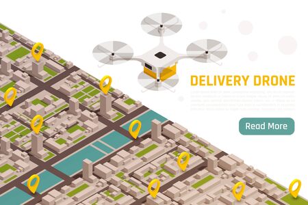 Drones quadrocopters isometric background with birds eye view of modern city with location signs and quadcopters vector illustrationのイラスト素材