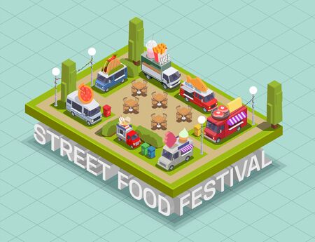 Food truck isometric composition with text under platform with parked fast food trucks with stalls and seatsのイラスト素材