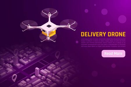 Drones quadrocopters isometric background with text read more button and image of quadcopter flying above city vector illustrationのイラスト素材