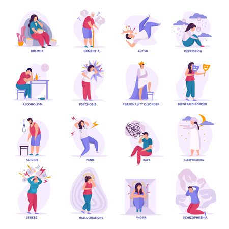 Mental disorders flat icons  bipolar disorder dementia autism bulimia depression sleepwalking hallucinations isolatedのイラスト素材