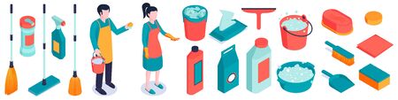 Isometric cleaning set of isolated human characters and pieces of cleaning equipment with detergents and foamのイラスト素材