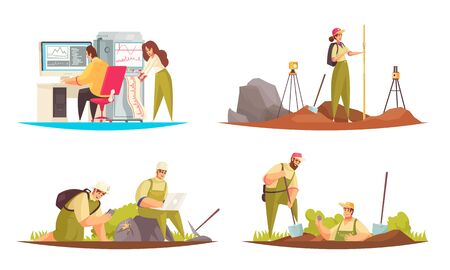 Set of four flat isolated geologist compositions with doodle style human characters and technical equipment itemsのイラスト素材