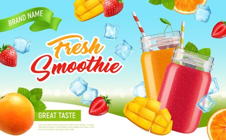 Realistic jar cocktail smoothie horizontal advertising poster with ice cubes fruit slices editable text and drinking bottles vector illustrationのイラスト素材
