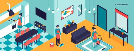 Isometric cleaning horizontal composition with indoor scenery of apartment with workers of cleaning service in uniformのイラスト素材