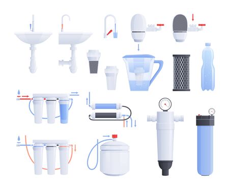Water filter flat icon set with different type of filters for cold and hot water vector illustrationのイラスト素材