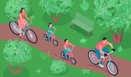 Healthy lifestyle isometric background with sports family riding bicycle in city park vector illustrationのイラスト素材