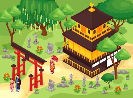 Isometric japan travel composition with outdoor landscape and buildings of traditional japanese architecture with people and trees vector illustrationのイラスト素材
