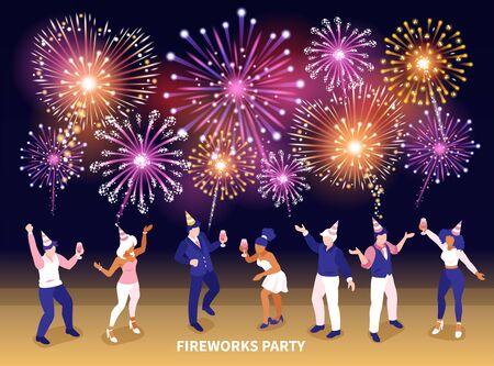 Isometric firework celebrating composition with characters of party people in front of fireworks display with text vector illustrationのイラスト素材