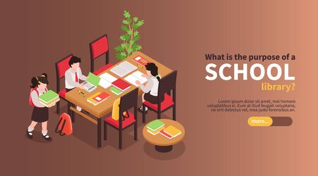 Isometric junior school horizontal banner with kids reading books at table with editable text and button vector illustrationのイラスト素材