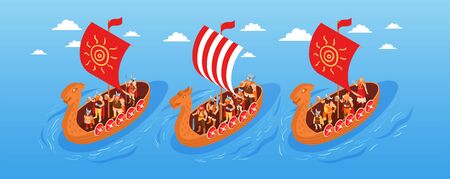 Isometric viking narrow composition with open sea landscape clouds in sky and three floating ancient boats vector illustrationのイラスト素材