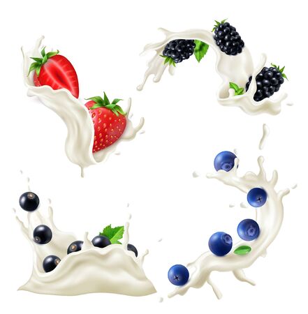 Milk yogurt splash realistic set with berries isolated vector illustrationのイラスト素材