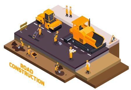 Isolated isometric road construction icon set with workers build roads and fill the asphalt vector illustrationのイラスト素材