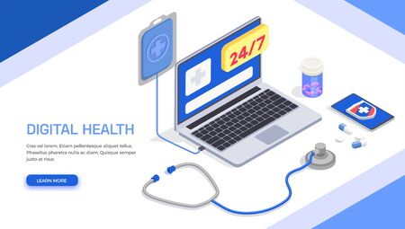 Telemedicine digital health isometric banner background with text learn more button and modern electronic healthcare gadgets vector illustrationのイラスト素材