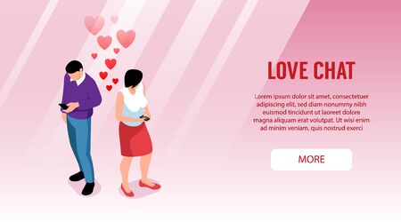 Isometric couple love horizontal banner with more button text with male and female characters and hearts vector illustrationのイラスト素材