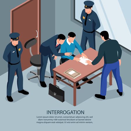 Isometric lawyer background with editable text and indoor scenery of interrogation room with policemen and attorney vector illustrationのイラスト素材