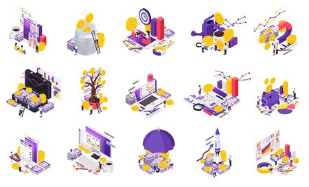 Isometric wealth management icon set with different tools for accumulation of funds vector illustrationのイラスト素材