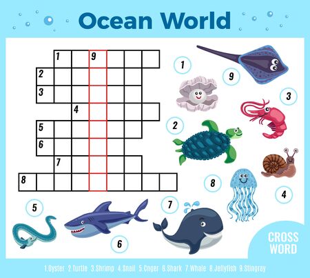 Sea animal funny crossword composition with colourful images of fishes and reservoir inhabitants with digits vector illustrationのイラスト素材