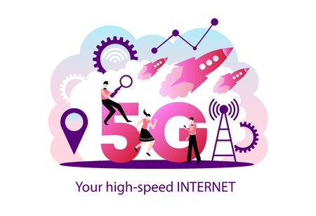 5g internet composition with text and images of cloud with flying rockets gear pictograms and people...