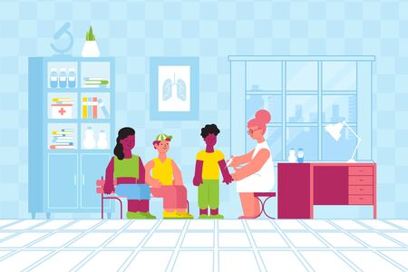 Vaccination immunity flat composition with teenage characters and doctor in her office with pieces of furniture vector illustrationのイラスト素材