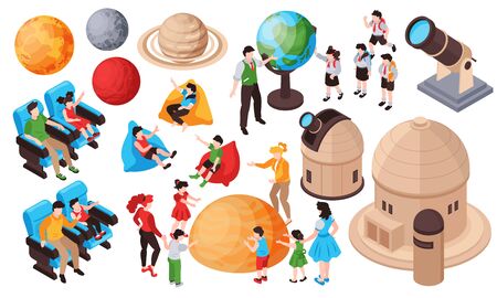 Isometric planetarium set with isolated human characters of kids and adults planets and buildings with telescopesのイラスト素材