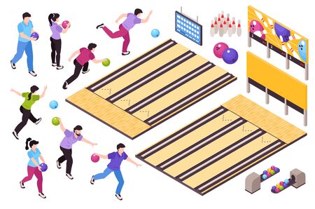 Bowling sport game entertainment isometric set with players throwing balls knocking pins score sheet frames vector illustration のイラスト素材