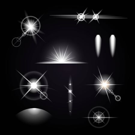 Isolated light effects icon set with white abstract glowing starlight on black background vector illustrationのイラスト素材