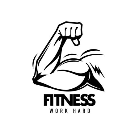 Fitness hand drawn black emblem with strong bodybuilder flexing hand isolated on whiteのイラスト素材