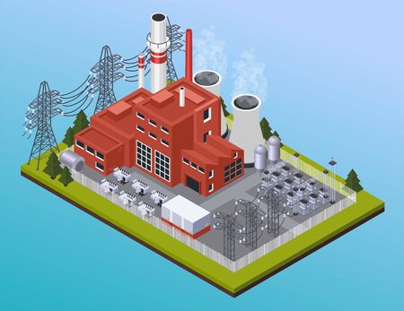 Electricity power station and high voltage wires isometric composition on gradient blue background 3d vector illustrationのイラスト素材