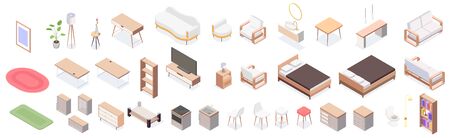 Isolated isometric furniture icon set with wooden armchair table cupboard worksplace bed and other...