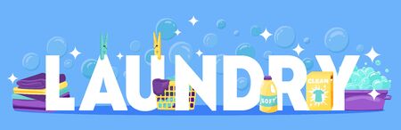 Laundry composition with text surrounded by foam soap bubbles detergents and clothes in basket with pegs vector illustrationのイラスト素材