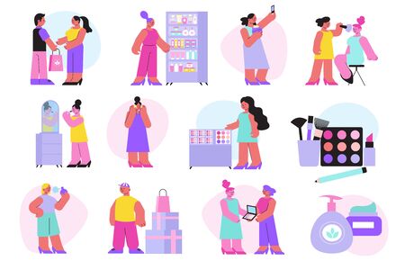 Set of isolated cosmetic shop compositions with human characters shop displays and goods on blank background vector illustrationのイラスト素材