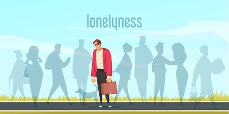 Lonely depressed man with suitcase standing on road cartoon vector illustrationのイラスト素材