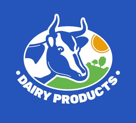 Daily products logo on blue  with cute horned cow on green lawn flatのイラスト素材