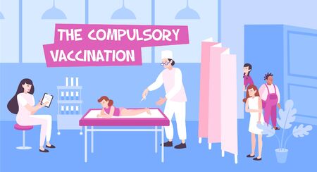 Vaccination flat composition with indoor scenery of clinics and doctors vaccinating children with queue and textのイラスト素材