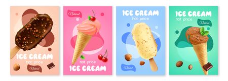 Ice cream poster set with different flavors and forms of sweet dessert isolated vector illustrationのイラスト素材
