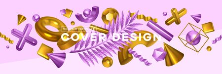 Geometric shapes trendy objects header cover realistic horizontal banner with golden violet cross...