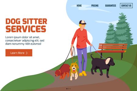 People with dogs flat background with editable text clickable buttons and links with boy walking dogs vector illustrationのイラスト素材
