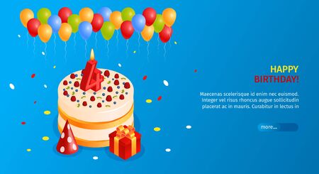Birthday cake poster with happy birthday wish symbols isometric vector illustrationのイラスト素材