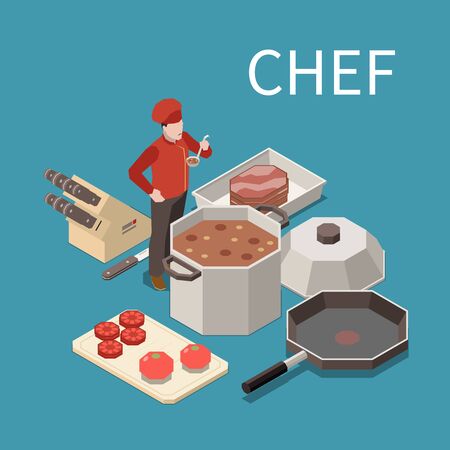 Professional kitchen appliances staff food isometric composition with restaurant chef tasting soup from commercial pot vector illustration のイラスト素材