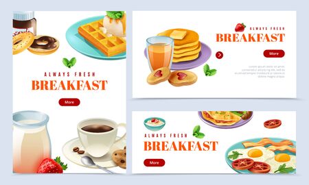 Always fresh breakfast isolated banner set with plate of scrambled eggs and bacon coffee milk bakery vector illustrationのイラスト素材